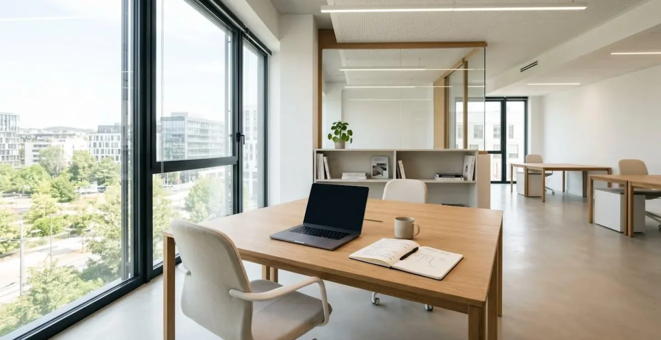 Bureau moderne minimaliste avec ordinateur portable fermé et carnet posé sur la surface, lumière naturelle douce par la fenêtre