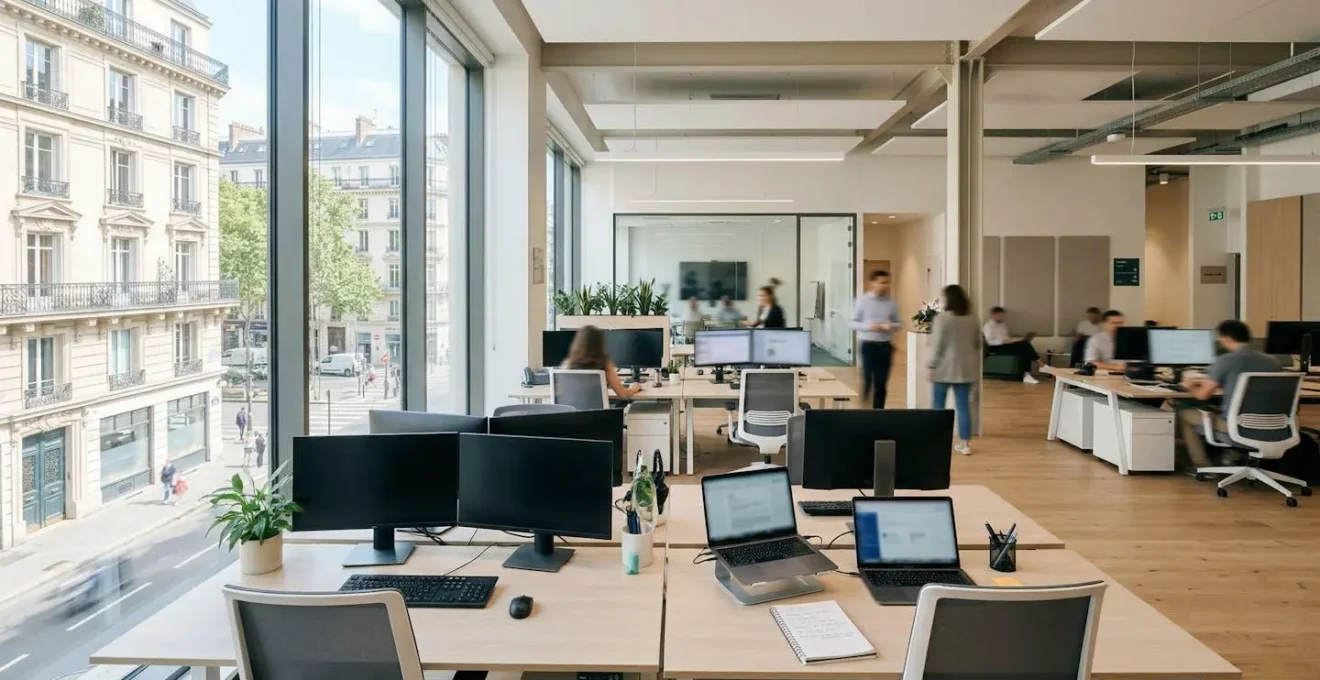 Bureau professionnel contemporain avec mobilier épuré, larges fenêtres et lumière naturelle abondante, style architectural européen
