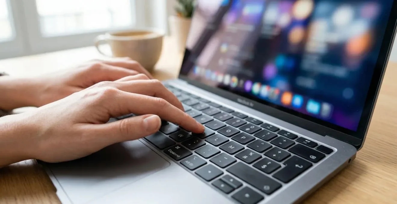 Gros plan sur des mains qui tapent sur un clavier d'ordinateur portable avec un écran flouté en arrière-plan