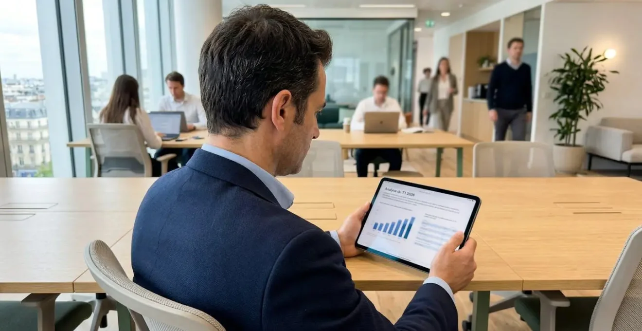Un professionnel en chemise consulte une tablette dans un bureau contemporain avec lumière naturelle venant des fenêtres