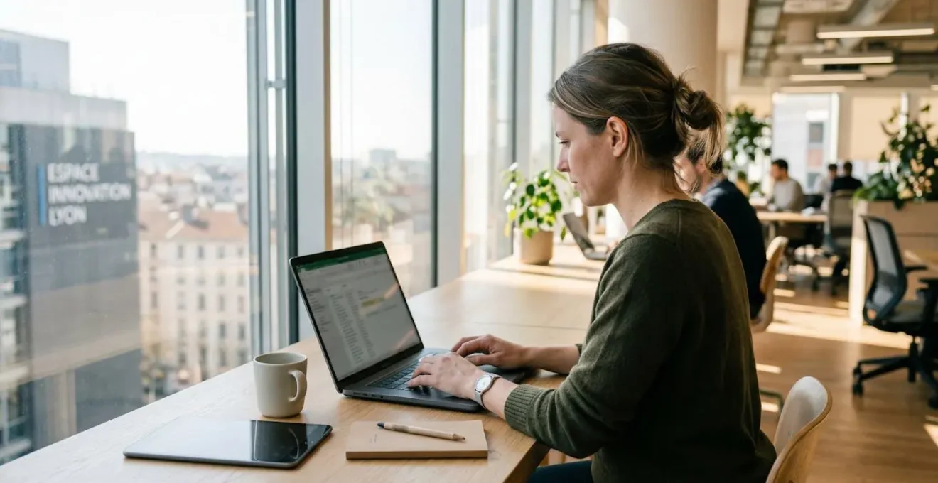 Une responsable administrative consulte un écran d'ordinateur dans un bureau contemporain lumineux, vue de dos