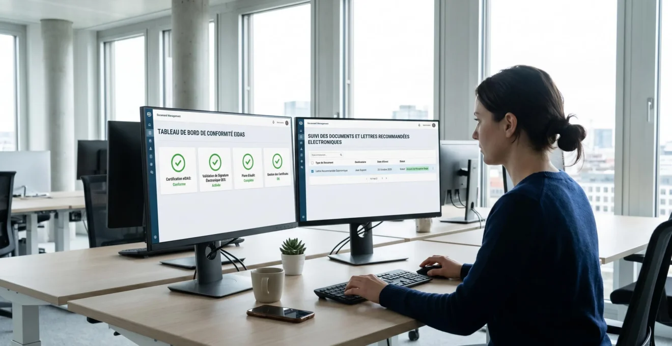 Bureau professionnel contemporain avec écrans affichant des interfaces de gestion de recommandés électroniques et certifications eIDAS