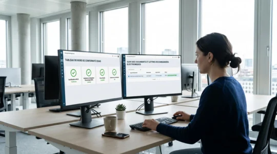 Bureau professionnel contemporain avec écrans affichant des interfaces de gestion de recommandés électroniques et certifications eIDAS
