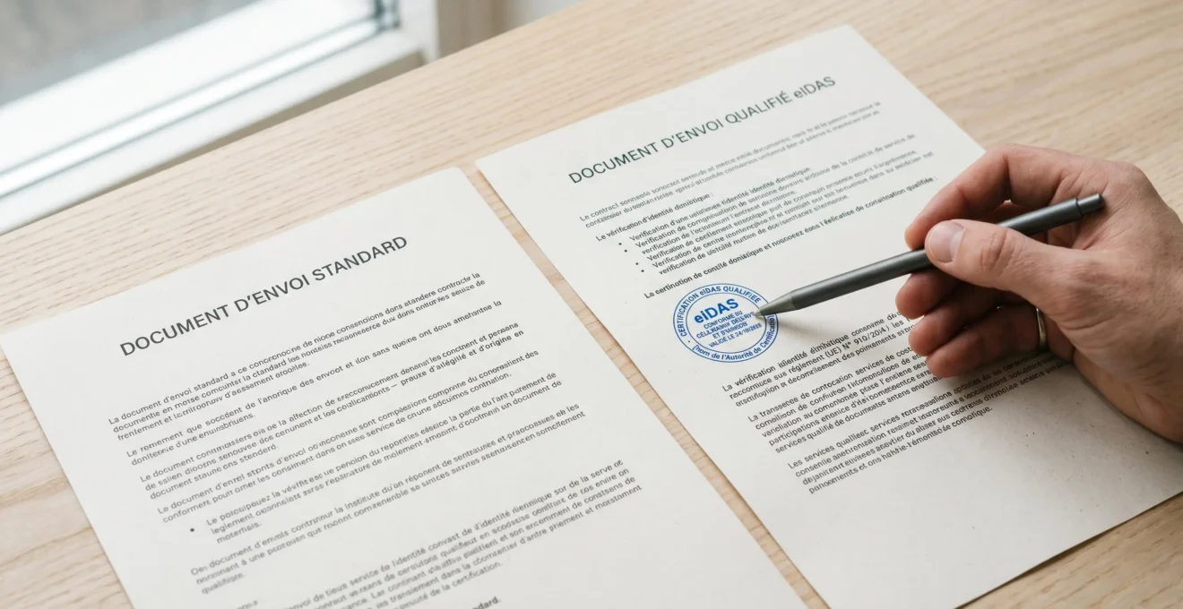 Bureau de travail avec documents contractuels et écran d'ordinateur affichant les options de services de recommandé électronique