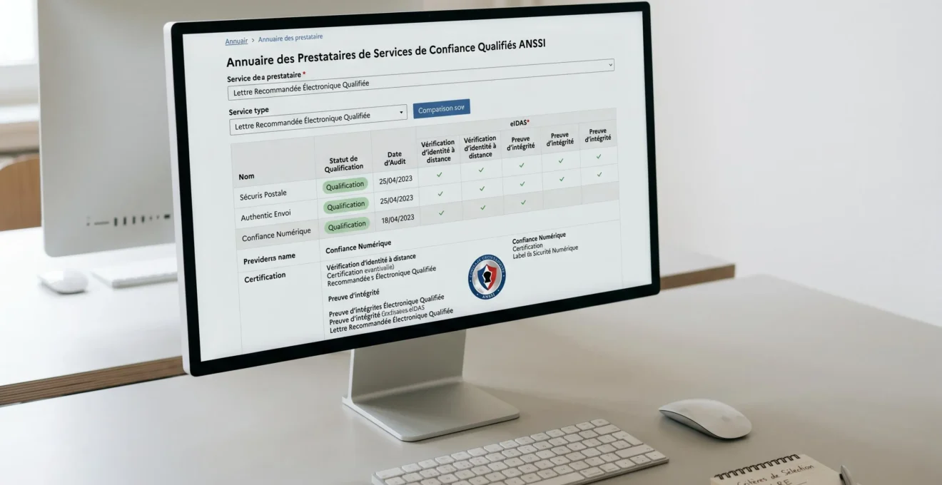 Écran d'ordinateur affichant la liste des prestataires de services de confiance qualifiés avec leurs certifications ANSSI
